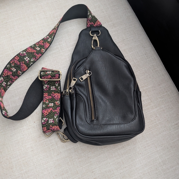 Black Sling Bag with Floral Strap - Picture 1 of 4